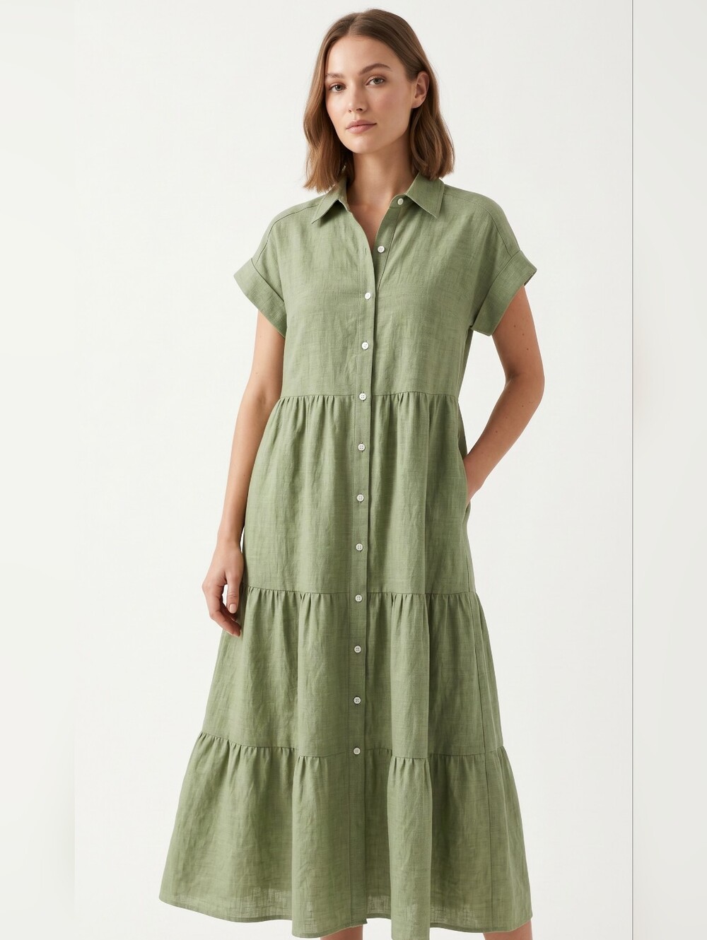 Max Studio Olive Green Button-Front Tiered Shirt Dress - NWT - S